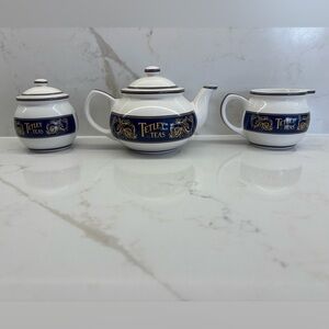 Vintage 1980s Tetley Tea White and Blue Tea Pot Cream and Sugar Set